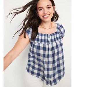 NWT - Old Navy Blue and White Gingham Smocked Blouse with Flutter Sleeves